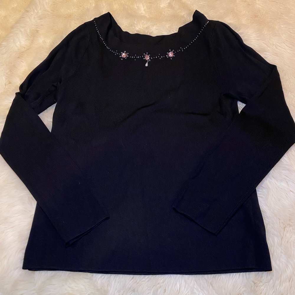 Black Beaded Neckline Long Sleeve Dress Shirt | Women | Made in Korea